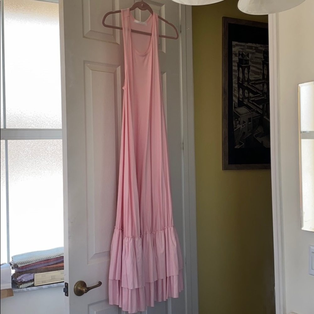 EUG fashion long pink dress with ruffles